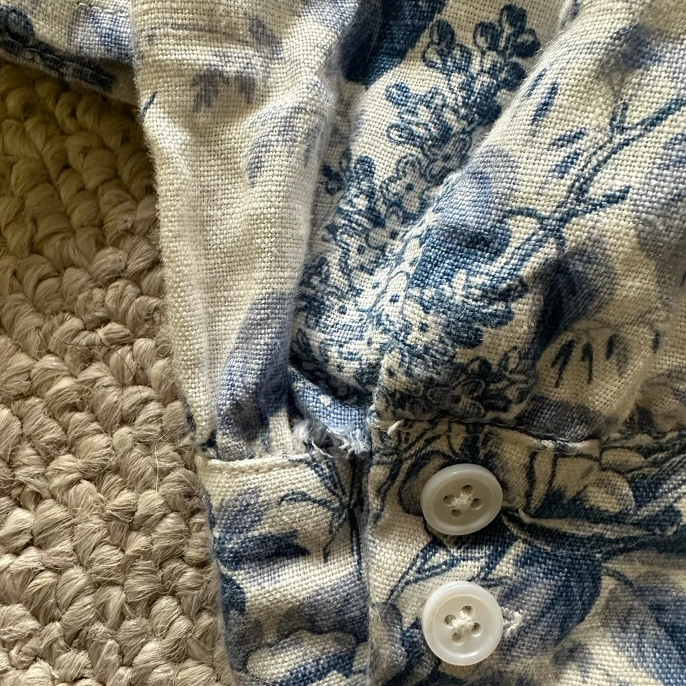 Reformation Blue and White Floral Puff-Sleeve Square Neck Top